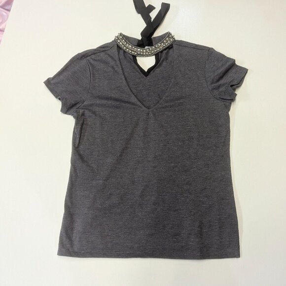 Boston Proper XS Gray Tee with Bejeweled Neck - Picture 5 of 13